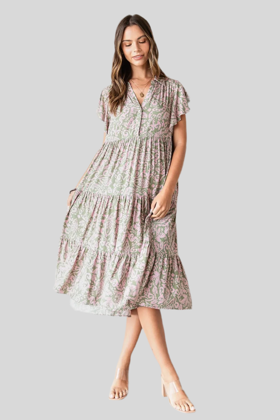Abstract Print Ruffle Tier Midi Dress