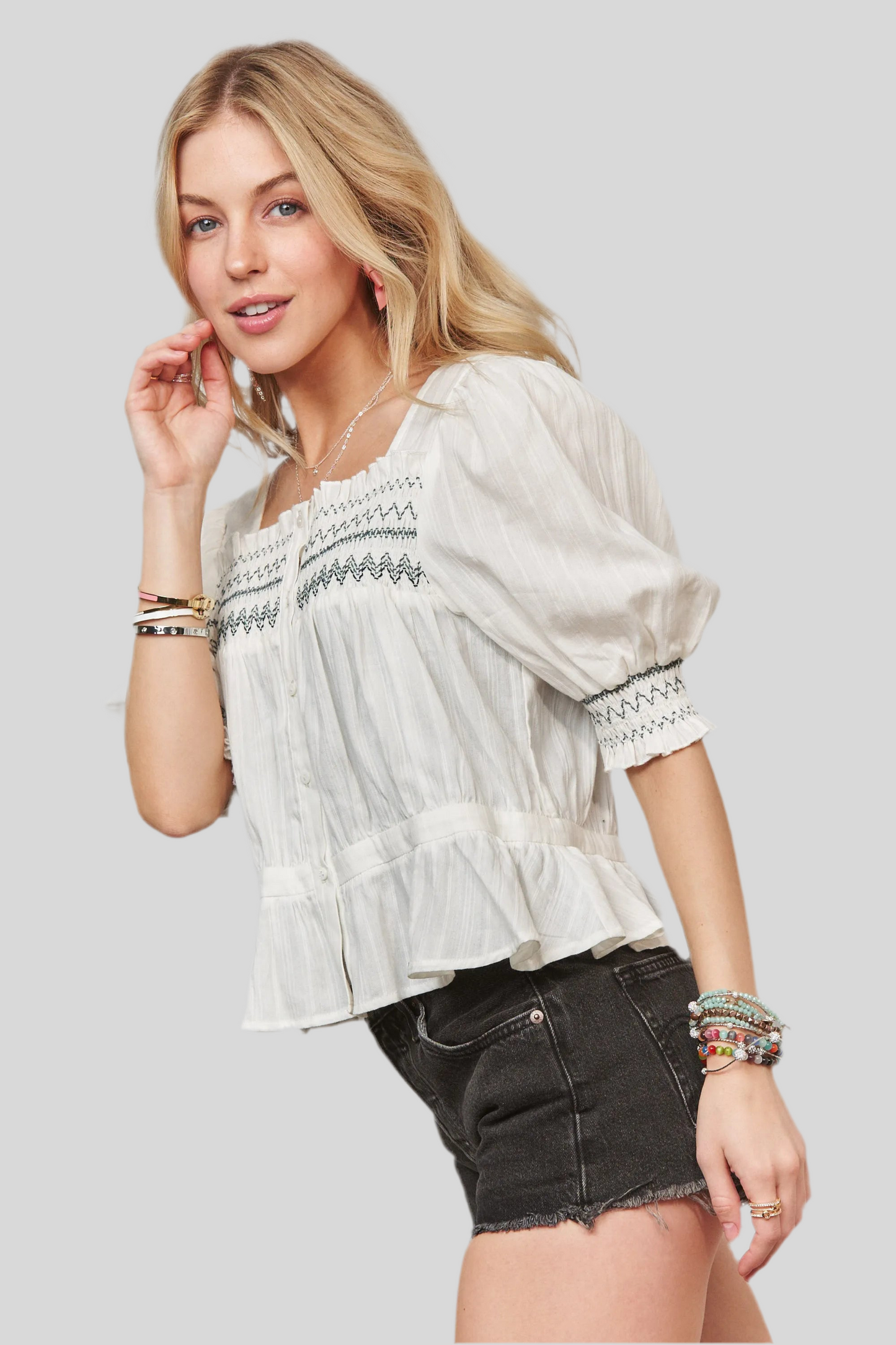 Smocked Puff Sleeve Peasant Blouse