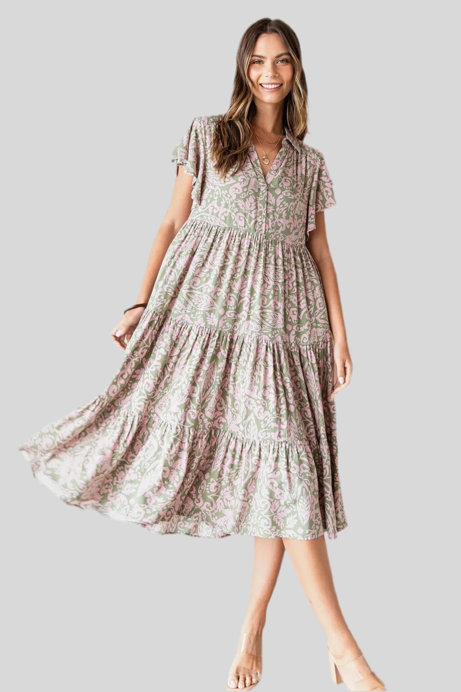Abstract Print Ruffle Tier Midi Dress
