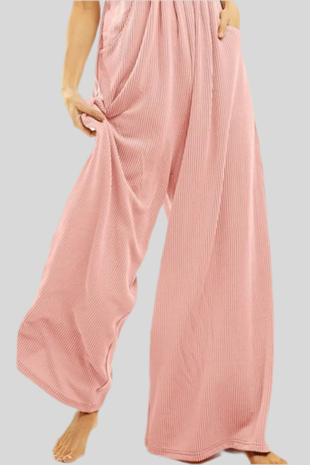 Rib Textured Wide Leg Overalls