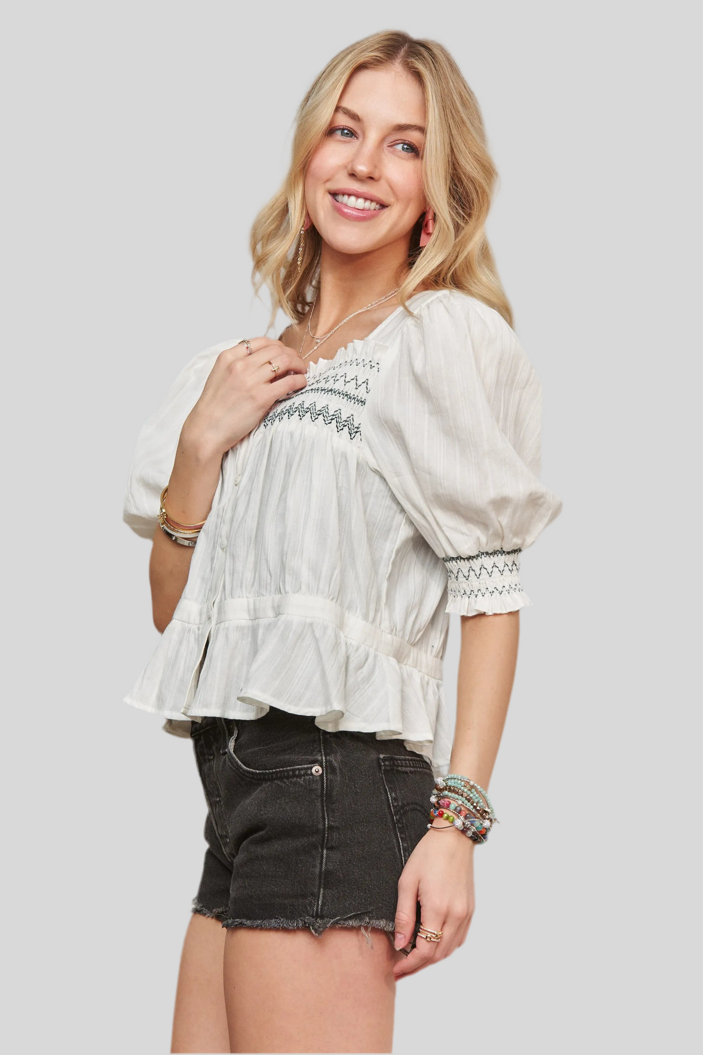 Smocked Puff Sleeve Peasant Blouse