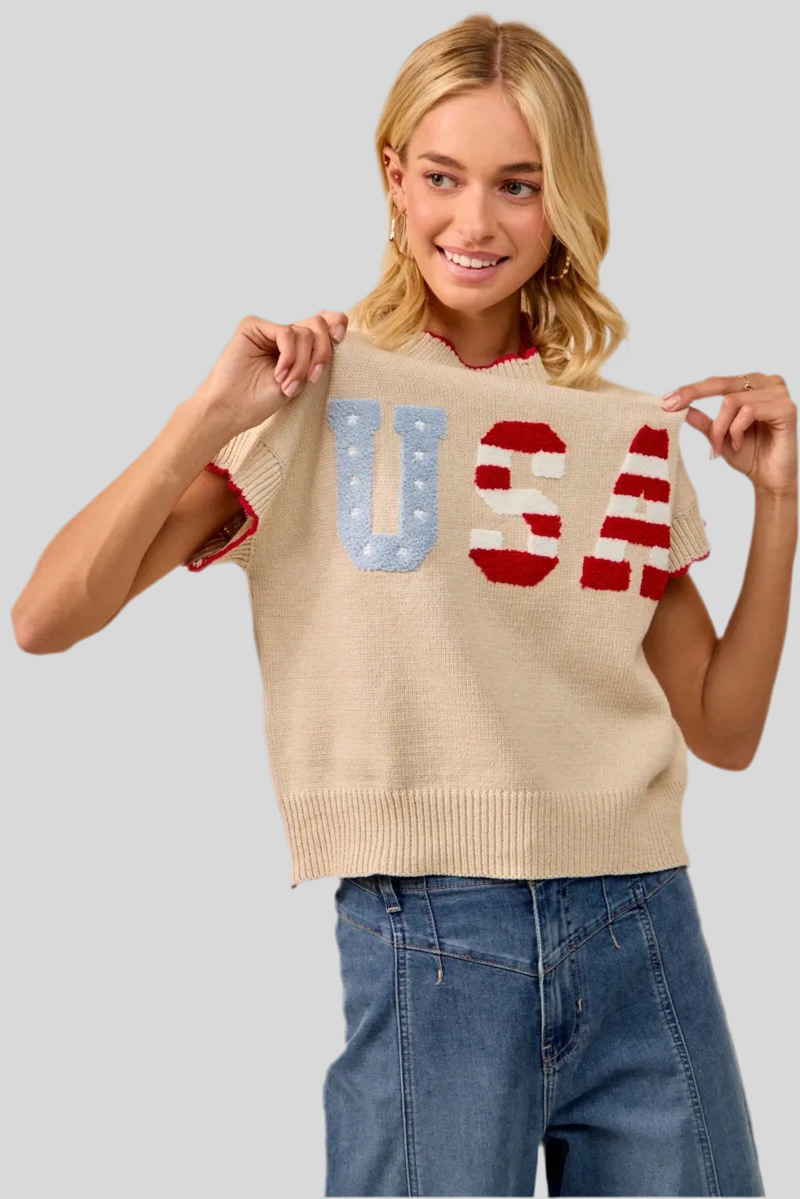 USA Patchwork Sweater Vest Top With Contrast Detail