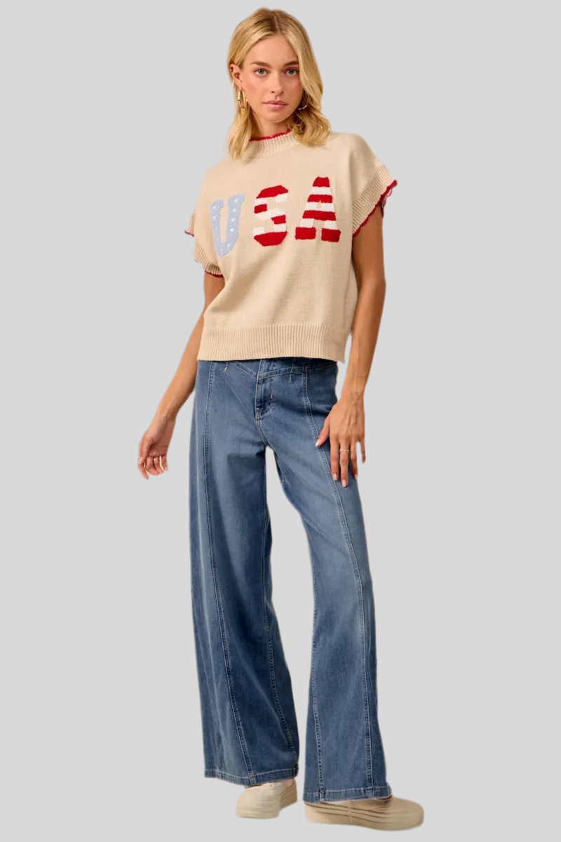 USA Patchwork Sweater Vest Top With Contrast Detail