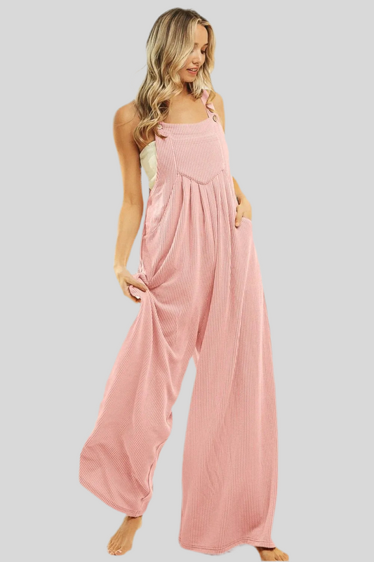 Rib Textured Wide Leg Overalls