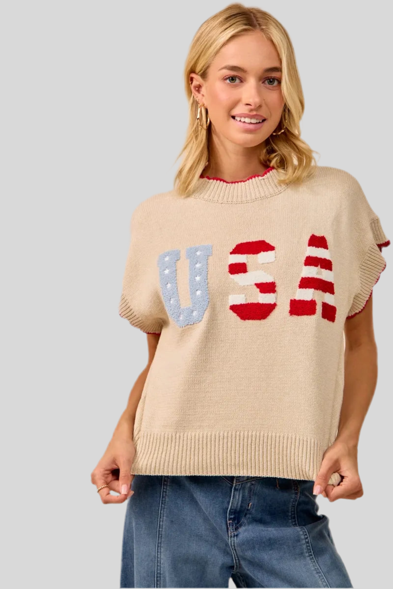 USA Patchwork Sweater Vest Top With Contrast Detail