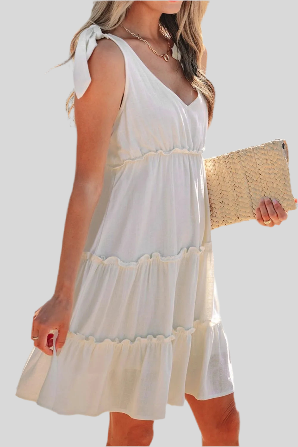Solid Color Tied Straps Ruffle Tiered Mini Dress