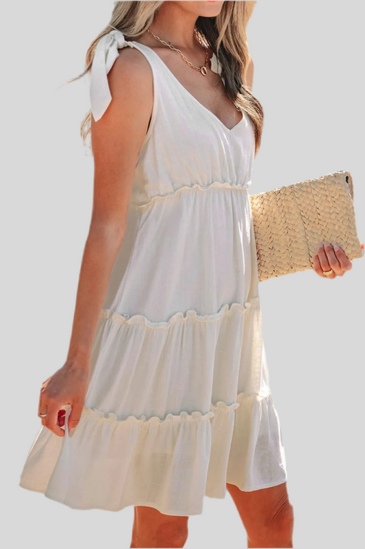 Solid Color Tied Straps Ruffle Tiered Mini Dress
