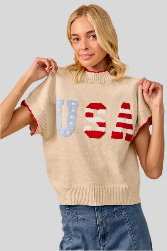 USA Patchwork Sweater Vest Top With Contrast Detail