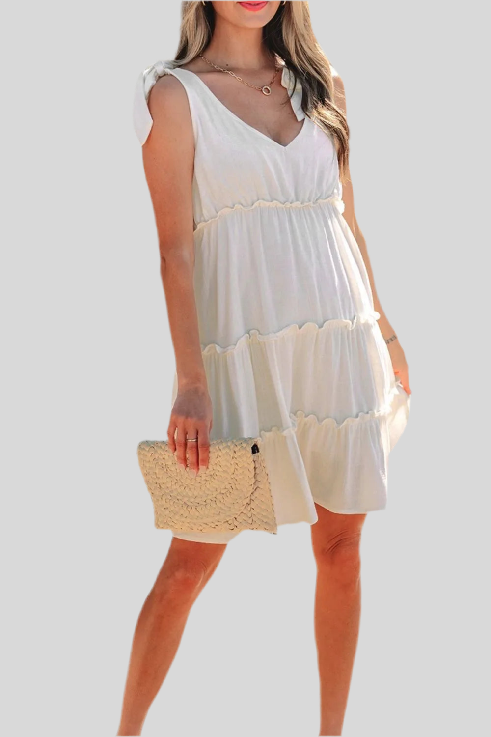 Solid Color Tied Straps Ruffle Tiered Mini Dress